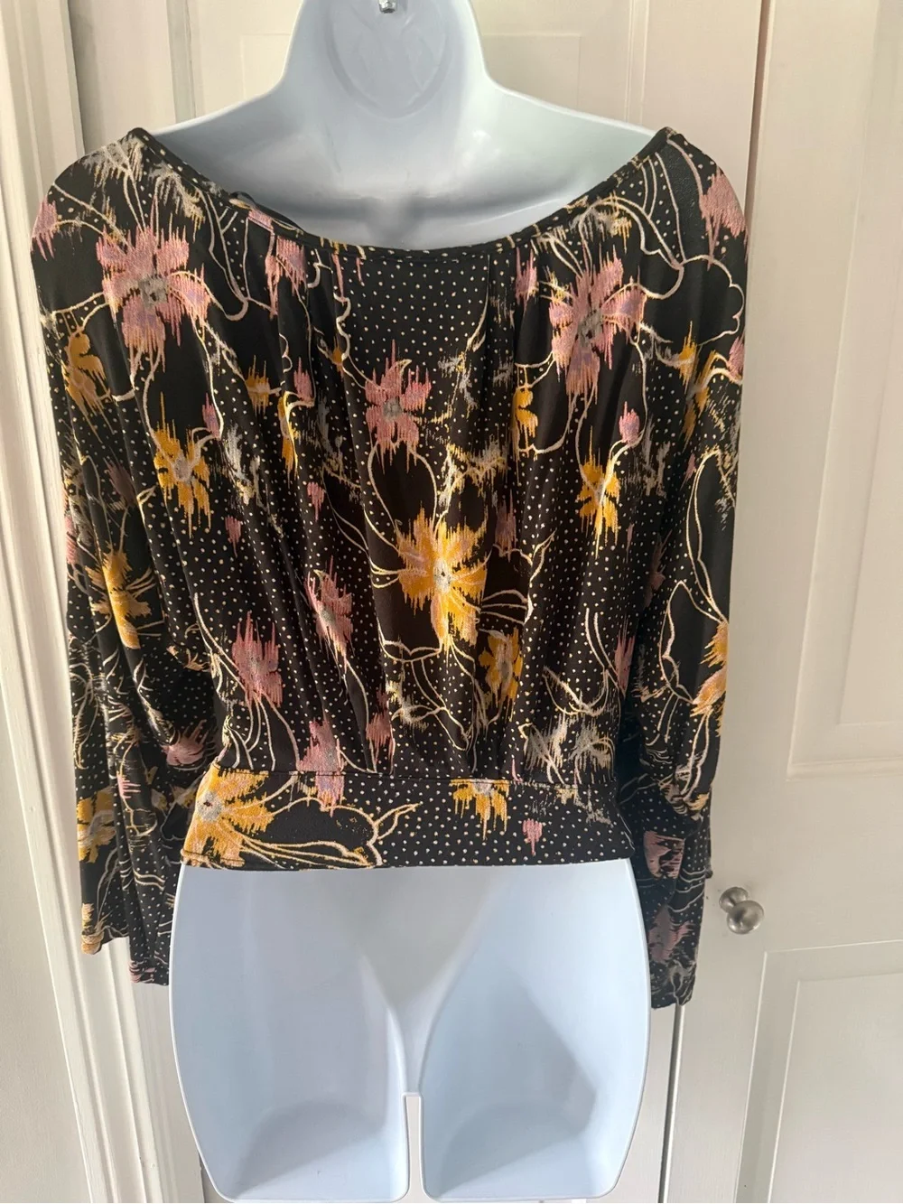 Free People Black Floral Keyhole Bell Sleeve Top with Pink & Yellow Accents